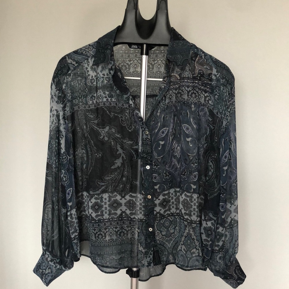 Zara Semi Sheer Print Long Sleeve Blouse Sz M
